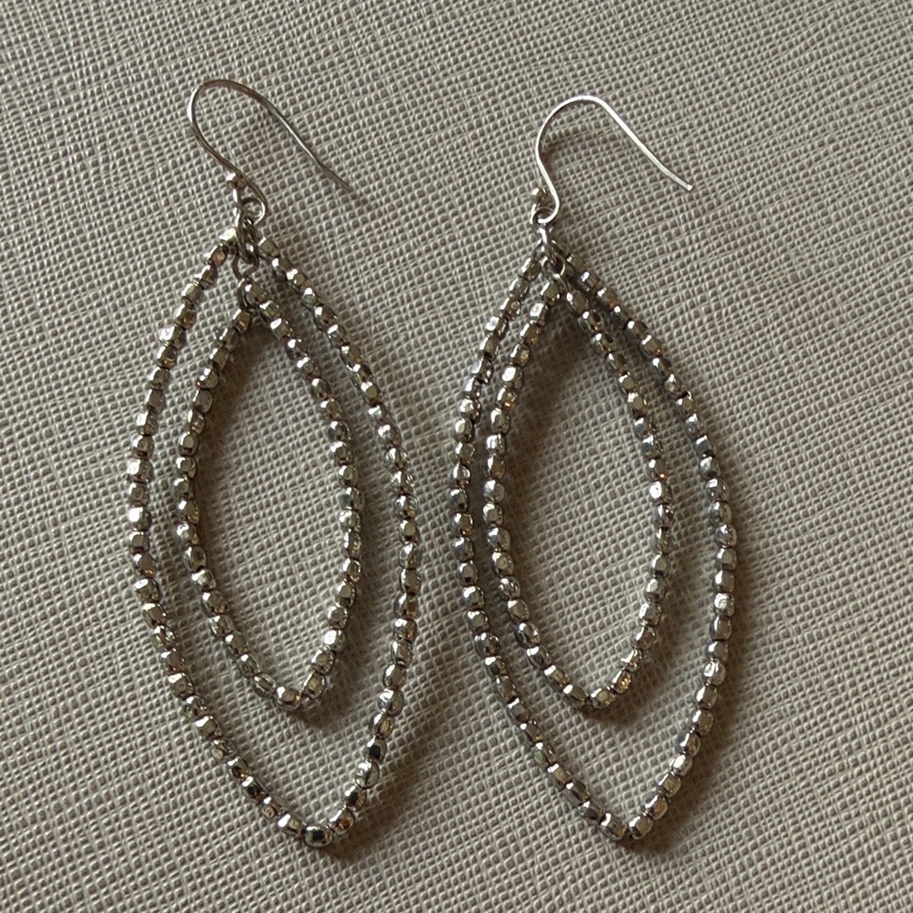 Silver Double Teardrop Beaded Hoop Earrings - Women's Costume Jewelry